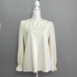 Talbots Petite Ivory Blouse Smocked Cuffs Split Neck Stretch Top LP Elegant